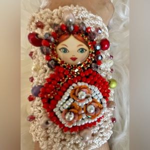 Hand Knits 2 Love Crochet Bracelet Russian Matrioshka Beaded Designer Fashion